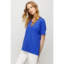 Kadın Sıfır Yaka Basic Penye T-shirt Saks Saks