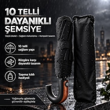 10 Telli Otomatik Ahşap Sap Rüzgara Dayanıklı Şemsiye Koyu Siyah