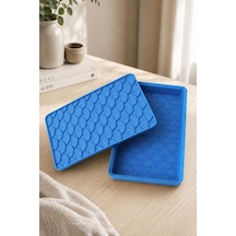 Desenli Kapaklı Dekoratif Kutu Masa Üstü Organizer Takı Aksesuar Saklama Kutusu Pla 20x12.5 Cm Mavi