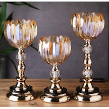 3 Lü Kristal Cam Şamdan, Vazo Gold Metal Ayak 4470