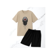 Uyguntarz Unisex Pırlantalı Kadın Portresi Tasarım Basklı Tshirt Şort Takımı Bej
