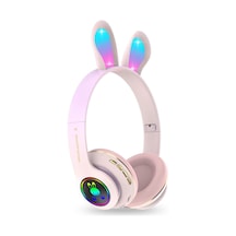 Tavşan Kulaklı Bluetooth Kulaklık, Renkli Led Işıklı, 5.0 Versiyon, Ayarlanabilir Büyüklük, Hafıza Kart Girişli, 40mm Kulaklık, 6 Saat Kullanım Süresi, Bass Tiz Müthiş Ses Toz Pembe