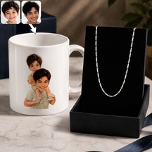 Bk Gift Kişiye Özel Baba&çocuk Karikatürlü Beyaz Kupa & Yaprak Model Zincir Kolye -1, Babalar Günü Hediyesi Gümüş