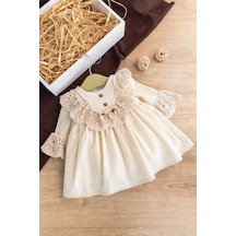 Dantel Detaylı Dokuma Kumaş Krem Kız Bebek Elbise 001