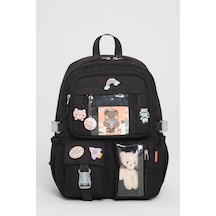 Kawaii Kore Tarzı Okul Çantası Aksesuarlı Kız Çocuk Çantası Siyah