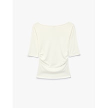Koton Pamuklu Slim Fit Drapeli Yuvarlak Kayık Yaka Dirsek Boy Tişört Ekru 6sak50518ek