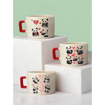 Kalp Ve Panda Baskılı 3'lü Seramik Kupa Bardak Beyaz