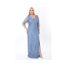 Ladies First Büyük Beden 3767 İndigo Uzun Abiye Elbise 001