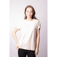 Kadın İpeksi Yumuşak Kumaş Geniş Sıfır Yaka Önü Pencereli Yanları Yırtmaçlı Tshirt Bluz-bej Bej