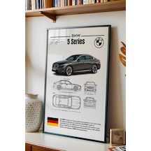 Bmw 5 Serisi Tablo - Teknik Özellikli Alman Lüks Sedan Poster - Çerçeveli Duvar Dekoru - Blueprint Siyah