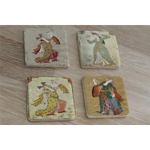 Levni Kadın Minyatürleri Doğal Taş Bardak Altlığı 4'lü Set - Natural Stone Coasters - Taş Çok Renkli