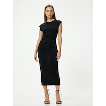 Koton Midi Kalem Elbise Kap Kol Yuvarlak Yaka Drape Detaylı Slim Fit Siyah 4sak80246ek Siyah