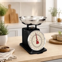 Vintage Mekanik Mutfak Terazisi 2 Kg Kapasiteli, Paslanmaz Metal Hazneli Ölçü Tartısı, Un Şeker Baharat Meyve Sebze Tartma Terazisi Gümüş Siyah Açık Bej