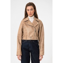 Antioch Kadın Suni Deri Crop Biker Ceket Bej