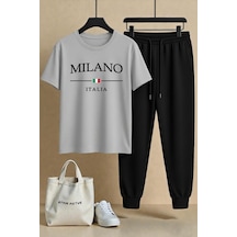 Uyguntarz Unisex Milano Italia Tasarım Baskılı Tişört - 2'li Eşofman Takımı Gri