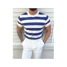 Cool Tarz Erkek Beyaz-saks Çizgili Normal Kalıp Triko T-shirt Beyaz-saks Beyaz-saks