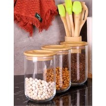 Duo 900ml 3'lü Saklama Kabı-bambu Kapaklı Cam Baharatlık