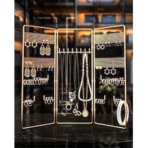 Takı Düzenleyici 3'Lü Altın Takı Organizeri Dekoratif Takılık Küpelik Bileklik Kolye Seti Standı Metal Gold
