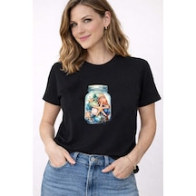 Herkesemoda Kadın Yazlık Deniz Temalı Baskı Detaylı Bisiklet Yaka Pamuklu T-shirt Siyah