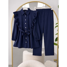 Lovie Moda Kadın Fırfır Detaylı Kol Büzgülü Pantolonlu Tesettür Takım Lacivert
