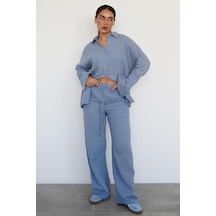 Madmext Mavi Basic Kadın Gömlek Pantolon Takım Mg2461 Mavi