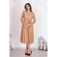 Neşeli Butik Kadın Camel Kuşaklı Kruvaze Yaka Astarlı Dantel Elbise Rssn31 Camel