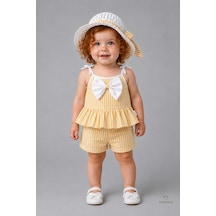 Babyden's Kız Bebek Yazlık Takım Şapkalı Şortlu Takım Askılı Fiyonklu Alt Üst Takım Günlük Özel Gün Kombini Sarı