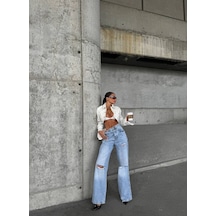 Herton Yüksek Bel Geniş Paça Jean - Dizleri Yırtık Detaylı Wide Leg Denim Pantolon Buz Mavisi