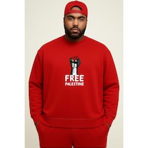Benroma 3 İplik Penye Free Palestıne Baskılı Büyük Beden Unisex Sweatshırt Kırmızı