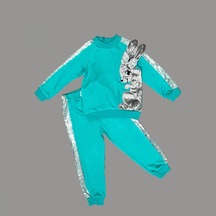 1-2-3 Yaş Payetli Pelüş Tavşan Desenli Likra Penye Kumaş Sweat Pantolonlu Kız 2li Çocuk Takımı 001