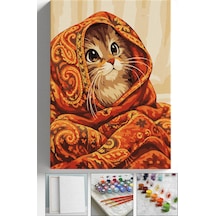 Sayılarla Boyama Hobi Seti Çerçeveli Numaralı Tuval Fırça Boya Askı Aparatı Dahil 40x50 Cm - Üşümüş Kedi