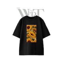 Thewert Sunflower Pattern Tasarım Baskılı Ünisex Siyah Oversize T-shirt