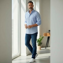 Klasik %100 Cotton Uzun Kollu Terletmeyen 4 Mevsim Gömlek Regular Kalıp Mavi