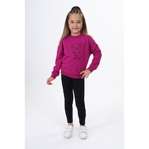 Toontoy Kids Toontoy Kız Çocuk 2'li Takım Baskılı Bisiklet Yaka Düşük Omuz Sweatshirt & Basic Düz Tayt Mürdüm