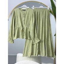Lovie Moda Kolları Büzgülü Belden Bağlamalı Tesettür Etekli Takım Haki
