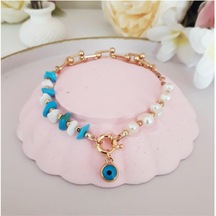 Altın Kaplama Nazar Boncuğu KadınTurkuaz & Sedef Doğal Taş Halhal Çok Renkli