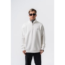 Erkek Respire Yazı Detaylı Yarım Fermuarlı Basic Sweatshirt Ekru