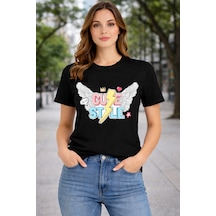 Herkesemoda Cute Stayle Baskı Detaylı Basic T-shırt Siyah