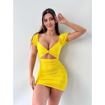 Pink Life Sarı Kısa Kol Pencere Detay Bodycon Mini Elbise-sarı
