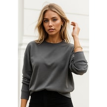 Kadın Füme Pamuklu İnterlock Oversize Sweatshirt Füme