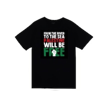 Nehirden Denize Kadar Filistin Özgür Olacak Baskılı Unisex %100 Pamuk Siyah T-shirt SIYAH