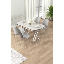 Canisa Lai Serisi 90x168 Lak Panel Beyaz Mermer Desen Masa Ve 4 Sandalye Krom Ayak Beyaz Mermer Desen Masa Gri Sandalye