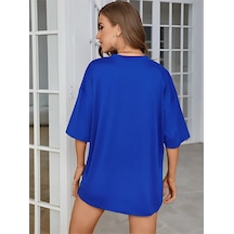 Ay Güneş T-shirt - Saks Mavi Baskılı Oversize Bisiklet Yaka Kısa Kol Tişört Saks Mavi