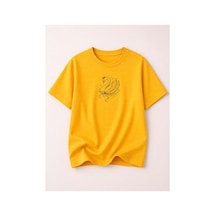 Herkesemoda Kuğu Baskılı Kadın Bisiklet Yaka Pamuklu T-shirt Sarı
