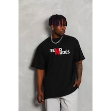 Unisex Bisiklet Yaka Double Oversize Baskılı T-shirt - Siyah Siyah