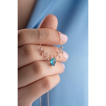 925 Ayar Gümüş Rose Kaplama Aquamarin Taşlı Ren Geyiği Model Kolye Rose Gold