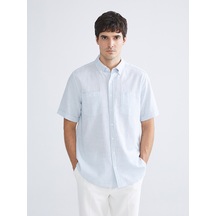 Lcwaıkıkı Classic Mavi Regular Fit Kısa Kollu Armürlü Erkek Dokulu Gömlek