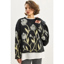 Shade Kadın Bisiklet Yaka Çiçek Desenli Şardonlu Oversize Triko Kazak 4915 60283587 - Siyah