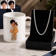 Bk Gift Kişiye Özel Baba&çocuk Karikatürlü Beyaz Kupa & Kral Zincir Kolye -3, Babalar Günü Hediyesi Gümüş