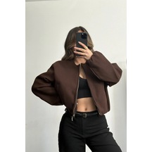 Meecy Kadın Viral Kaşe Kumaş Bomber Ceket Kahverengi Kahverengi